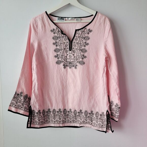 Richard Malcolm womens 100% Irish Linen Top size 8 Embroidered v-neck - Picture 1 of 9